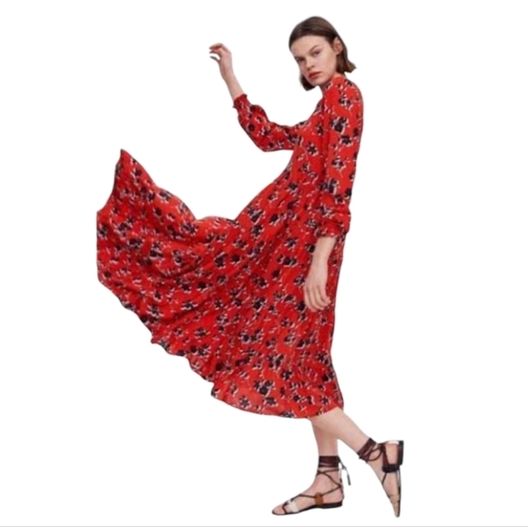 Zara Red Floral Midi Length Dress Size Small - Picture 1 of 7